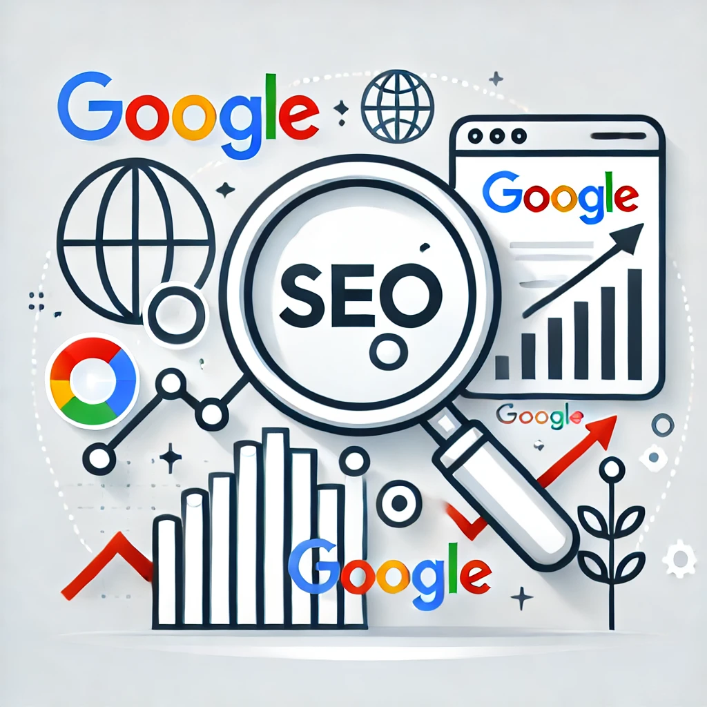 DALL·E 2024-10-08 15.54.14 - A professional and modern image related to SEO optimization and Google, suitable for a website. The image should include icons or symbols representing