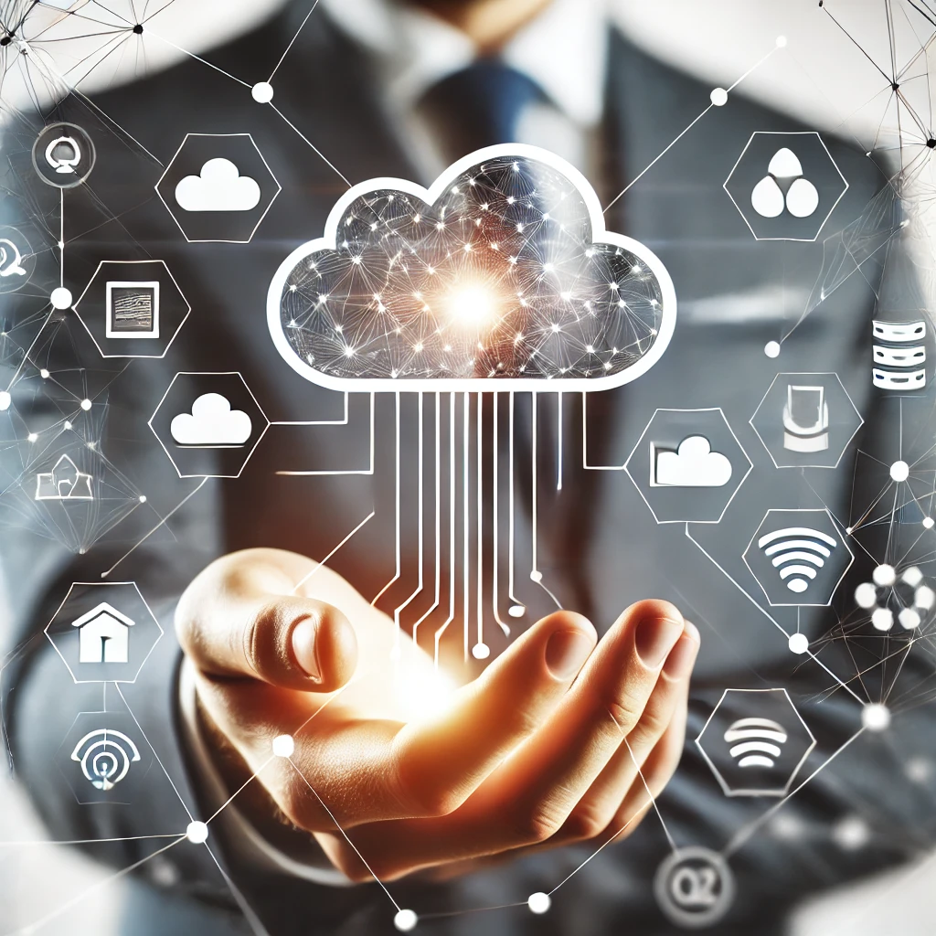 DALL·E 2024-10-09 09.10.52 - A professional and modern image representing a company that provides cloud services, with a white background. The image should include cloud icons, da
